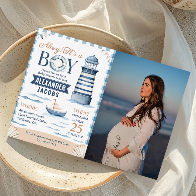 Invitación Foto moderna de ducha de bebé azul náutico (Subido por el creador)