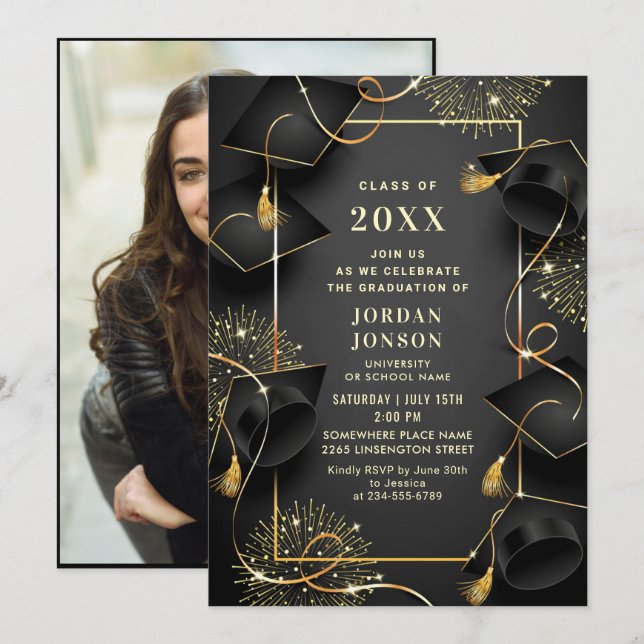 Invitación Foto moderna de la fiesta de graduación negra de o (Anverso / Reverso)