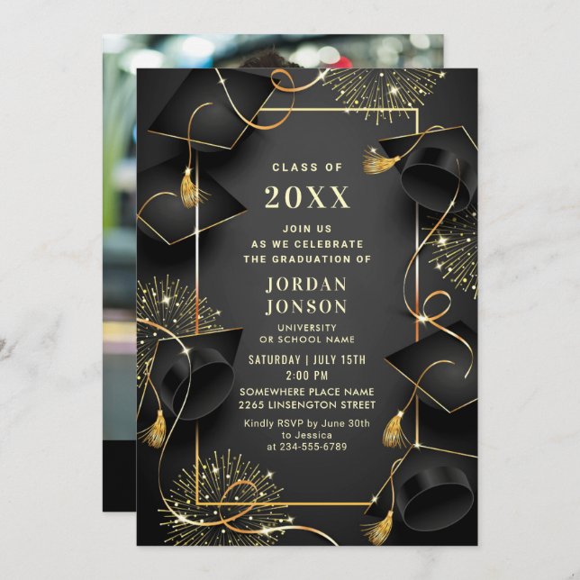 Invitación Foto moderna de la fiesta de graduación negra de o (Anverso / Reverso)