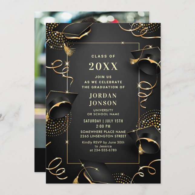 Invitación Foto moderna de la fiesta de graduación negra de o (Anverso / Reverso)
