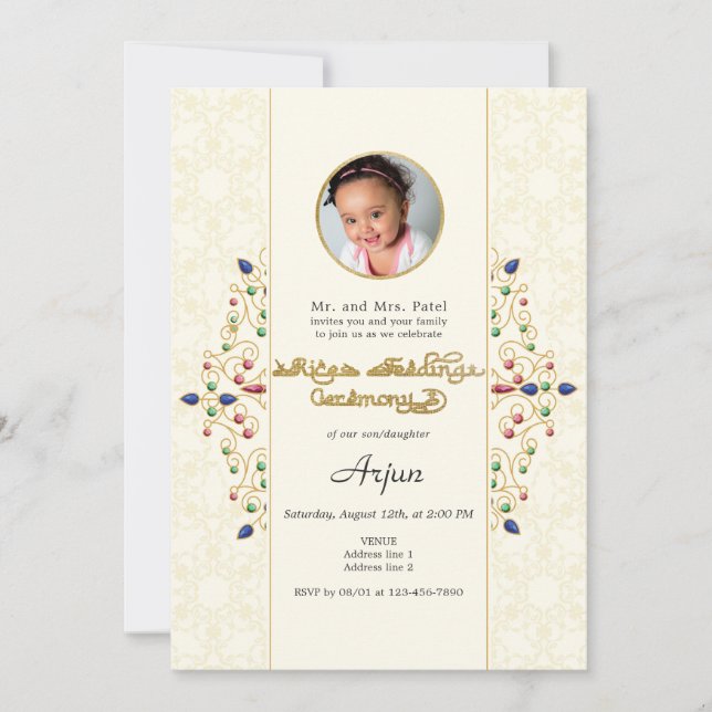 Invitación Foto moderna de la primera ceremonia de arroz Anna (Anverso)