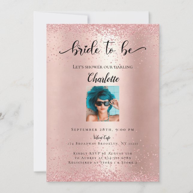 Invitación Foto moderna de Rosegold Glitzer "Novia A Ser" (Anverso)