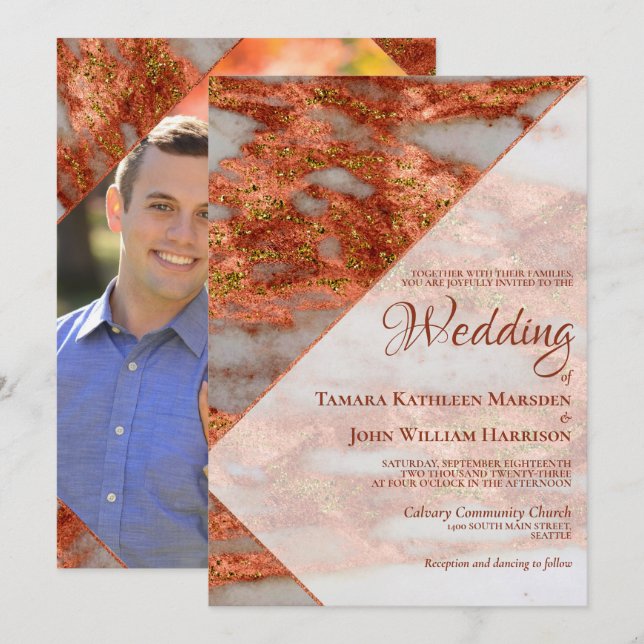 Invitación Foto moderna de Terracota de cobre Marble geométri (Anverso / Reverso)