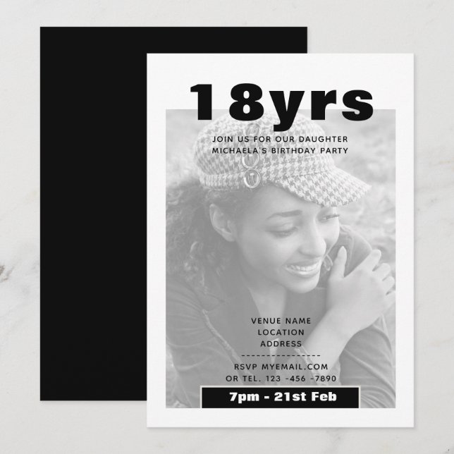 Invitación FOTO moderna del 18 aniversario invita al NEGRO (Anverso / Reverso)
