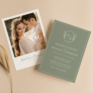 Invitación Foto moderna del Boda de Boho Sage Green Escudo