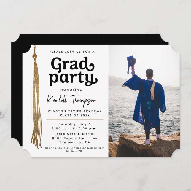 Invitación Foto moderna del Grad Party de tassel Black White  (Anverso / Reverso)