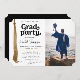 Invitación Foto moderna del Grad Party de tassel Black White 