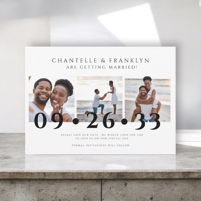 Invitación foto moderna en blanco y negro para salvar la fech (modern three photo collage save the date invitation )