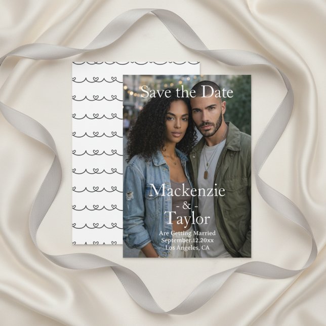 Invitación Foto Moderna en Gris y Blanco Guardar la Fecha (Modern Grey and White Photo Save the Date Invitation by Ricaso. Chic and simple love heart detail)
