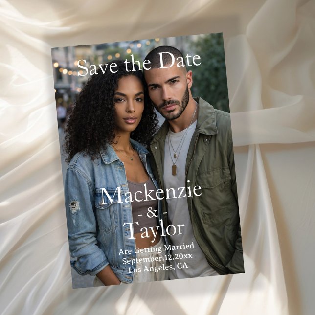 Invitación Foto Moderna en Gris y Blanco Save the Date (Modern Grey and White Photo Save the Date Invitation by Ricaso - striped grey and white back)