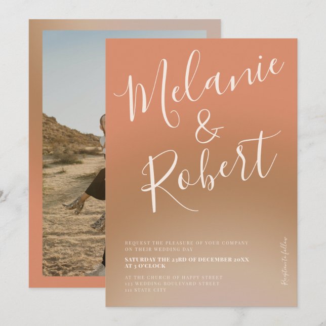 Invitación Foto moderna en negrita del boda de gradiente de b (Anverso / Reverso)