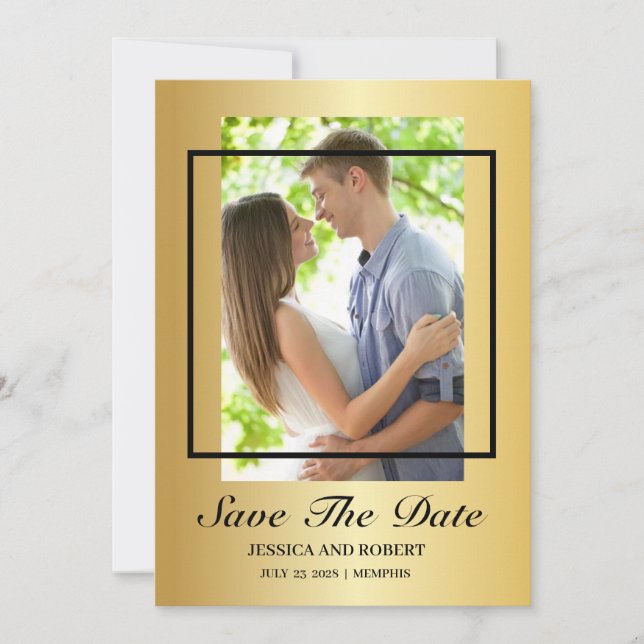 Invitación Foto Moderna En Negro Y Oro Que Guarda La Fecha (Anverso)