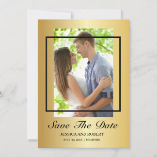 Invitación Foto Moderna En Negro Y Oro Que Guarda La Fecha