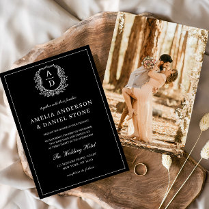 Invitación Foto moderna Escudo floral Monograma Boda formal