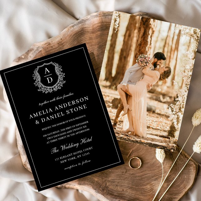 Invitación Foto moderna Escudo floral Monograma Boda formal (Subido por el creador)