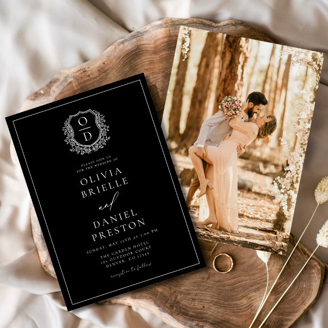 Invitación Foto moderna Escudo floral Monograma Boda formal (Subido por el creador)