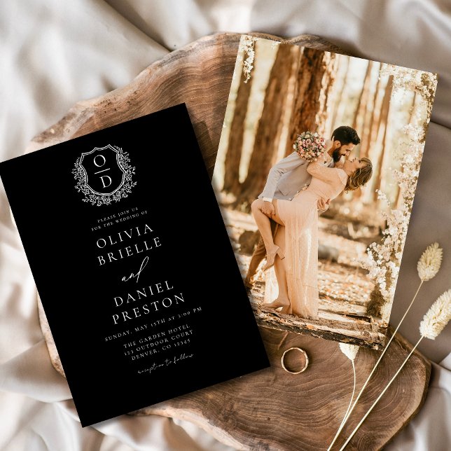 Invitación Foto moderna Escudo floral Monograma Boda formal (Subido por el creador)
