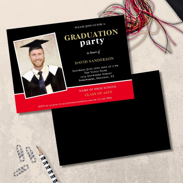 Invitación Foto moderna Fiesta Gold Black Red Grad (front and back view)