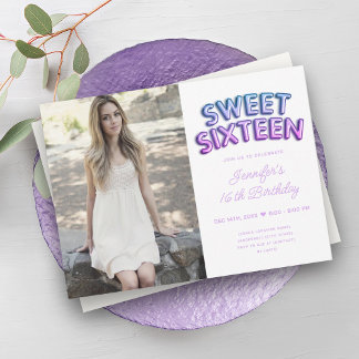 Invitación Foto moderna Globos blancos morados azul dulce 16