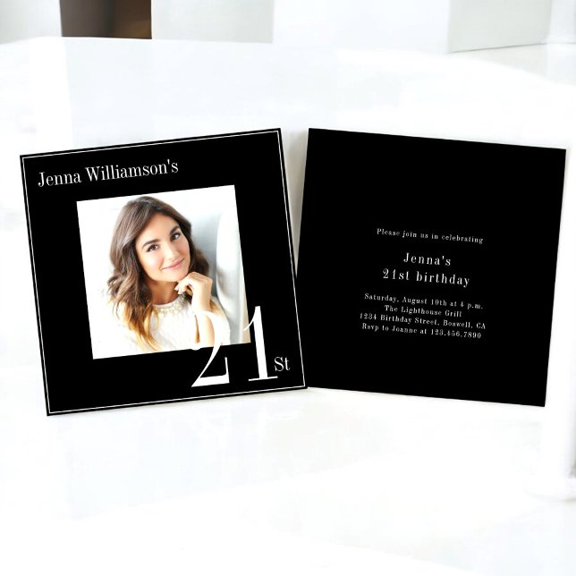 Invitación Foto moderna mínima en blanco y negro, cumpleaños  (modern simple minimalistic 21st birthday invitation , fully editable and downloadable)