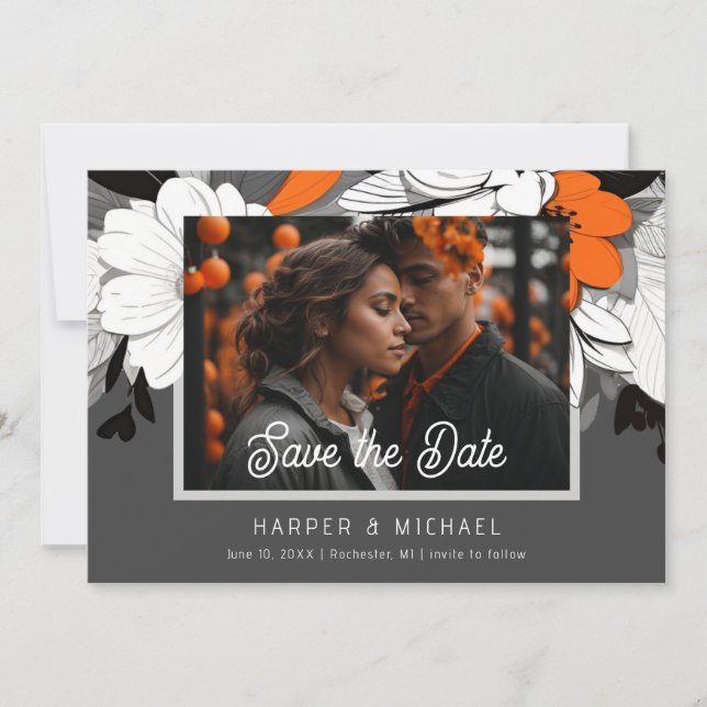 Invitación Foto moderna naranja de boda floral guardar la fec (Anverso)