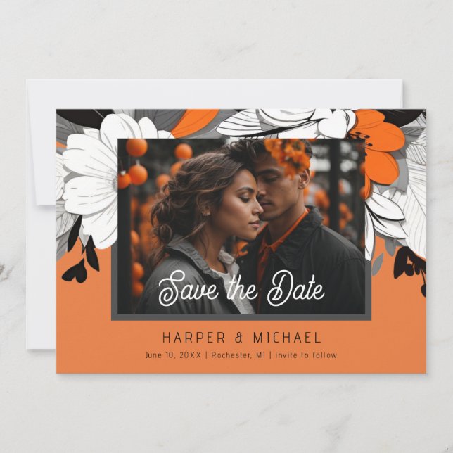 Invitación Foto moderna naranja de boda floral guardar la fec (Anverso)