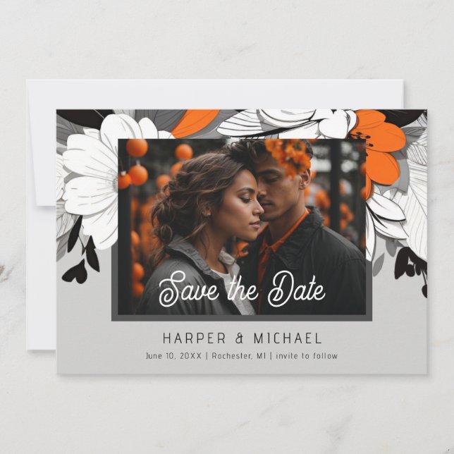 Invitación Foto moderna naranja de boda floral guardar la fec (Anverso)