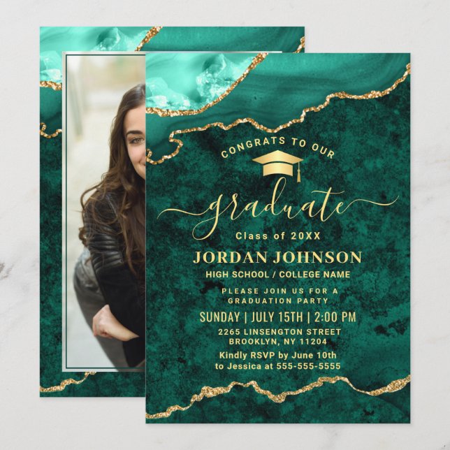 Invitación Foto moderna Partido de Graduación de Mármol Verde (Anverso / Reverso)