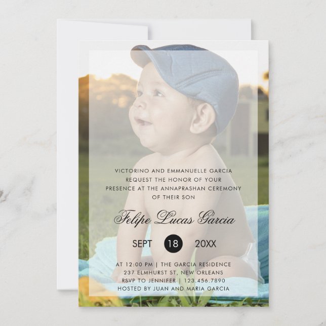 Invitación Foto moderna Primera Ceremonia de Arroz de Annapra (Anverso)