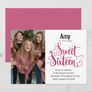 Invitación Foto moderna Purpurina rosa dulce 16 cumpleaños