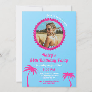 Invitación Foto moderna rosa caliente y azul 34 cumpleaños