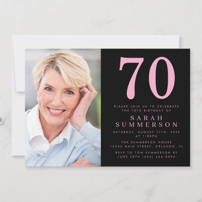 Invitación Foto Moderna Rosa Negro Setenta Cumpleaños 70 (Anverso)