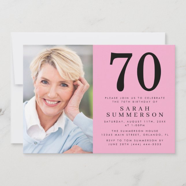 Invitación Foto Moderna Setenta Rosa Negro Cumpleaños 70 (Anverso)