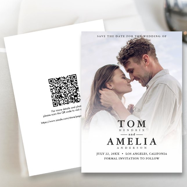 Invitación Foto Moderna Simple Guardar La Fecha Boda De Códig (The QR code makes it easy for guests to visit your website for more details about your wedding.)