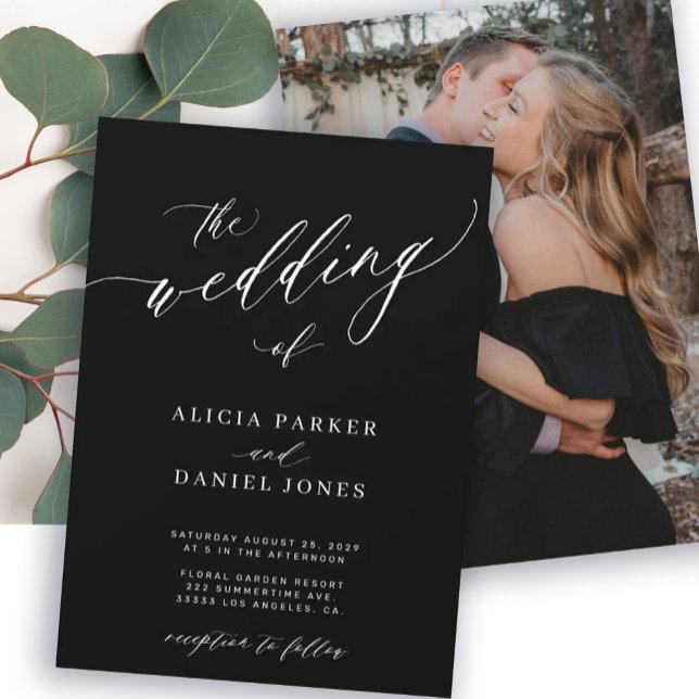 Invitación Foto moderna y elegante guión de moda boda negro (Subido por el creador)