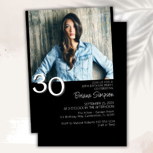 Invitación Foto Modernista Minimalista Cumpleaños 30 Negro