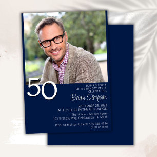 Invitación Foto Modernista Minimalista Cumpleaños 50 Azul Mar