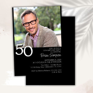 Invitación Foto Modernista Minimalista Cumpleaños 50 Negro Bl