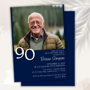 Invitación Foto Modernista Minimalista Cumpleaños 90 Azul Mar