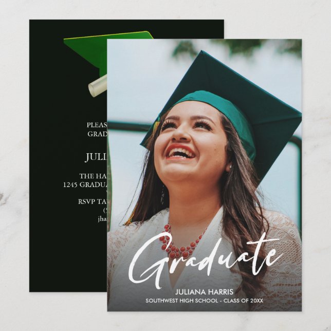 Invitación Foto: Moderno guión Graduación de Fiesta Green Cap (Anverso / Reverso)