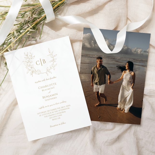 Invitación Foto monograma del Boda de verde oro clásico (Subido por el creador)