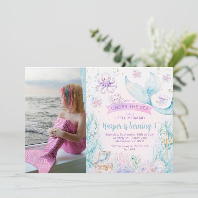 Invitación Foto Morado Azul Pequeña Sirena Cumpleaños (Anverso de pie)