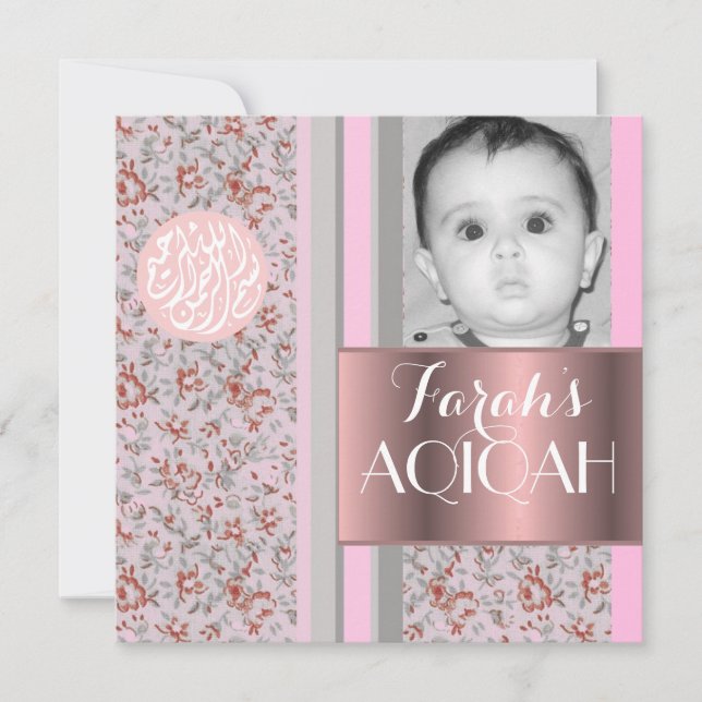 Invitación Foto musulmán del aqiqah del rosa de la niña (Anverso)