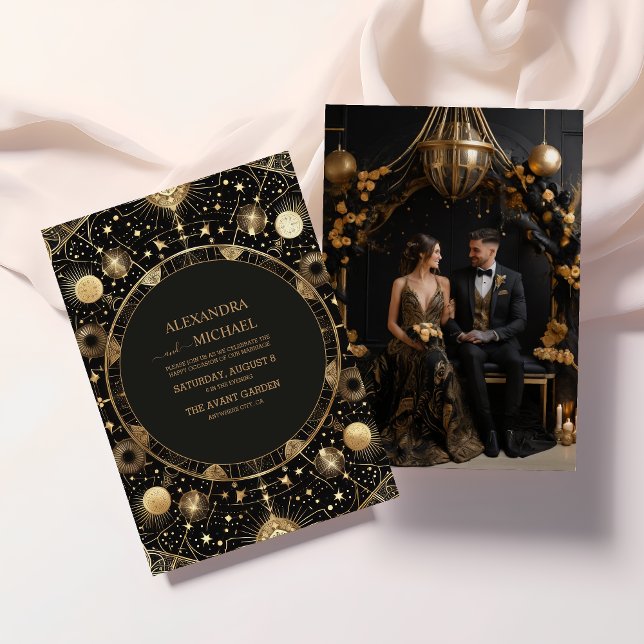 Invitación Foto Mystical Black Gold Celestial Galaxy Boda (Subido por el creador)