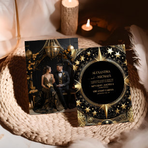 Invitación Foto Mystical Black Gold Celestial Galaxy Boda