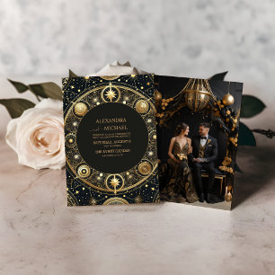 Invitación Foto Mystical Black Gold Celestial Galaxy Boda