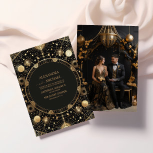 Invitación Foto Mystical Black Gold Celestial Galaxy Boda