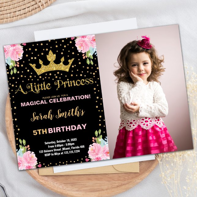 Invitación Foto: Nacimiento de la Princesa de la Corona, Purp (Photo Black Glitter Crown Princess Birthday Invitation)