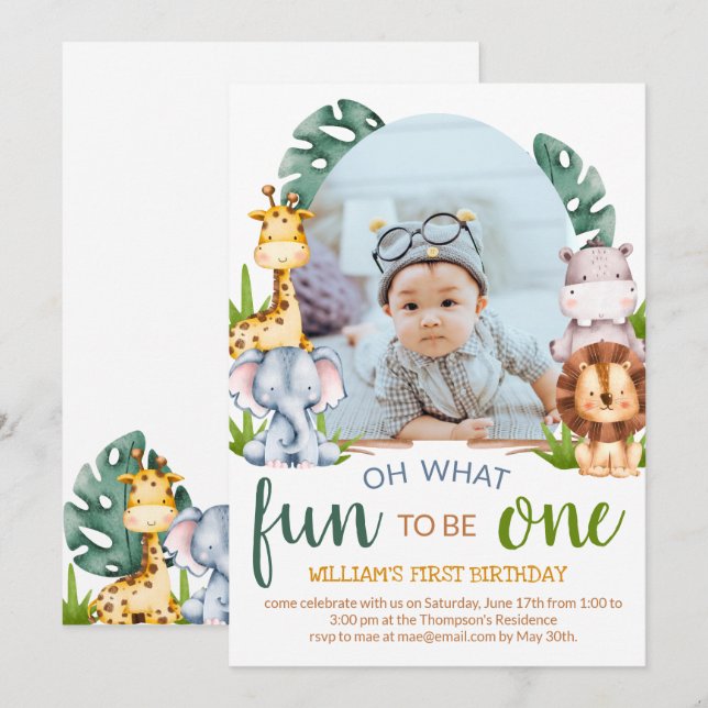 Invitación Foto Nacimiento del tema de Safari Animal minimali (Anverso / Reverso)