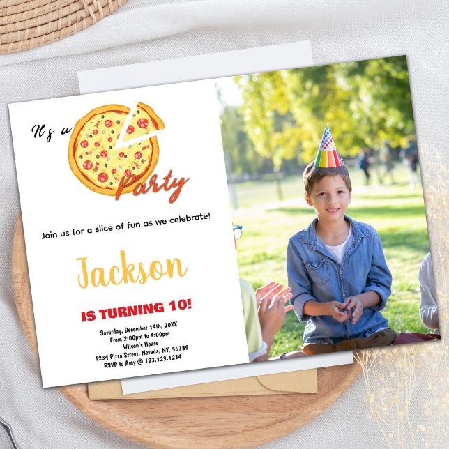 Invitación Foto Naranja amarillo Pizza Roja Blanca Cumpleaños (Photo Yellow Orange White Red Pizza Birthday Invitation)